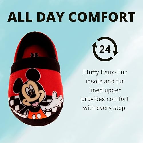 Disney Mickey Mouse Boys Slippers - Plush Lightweight Warm Comfort Soft Aline House Kids Shoes Slippers, (Toddler - Little Kid)