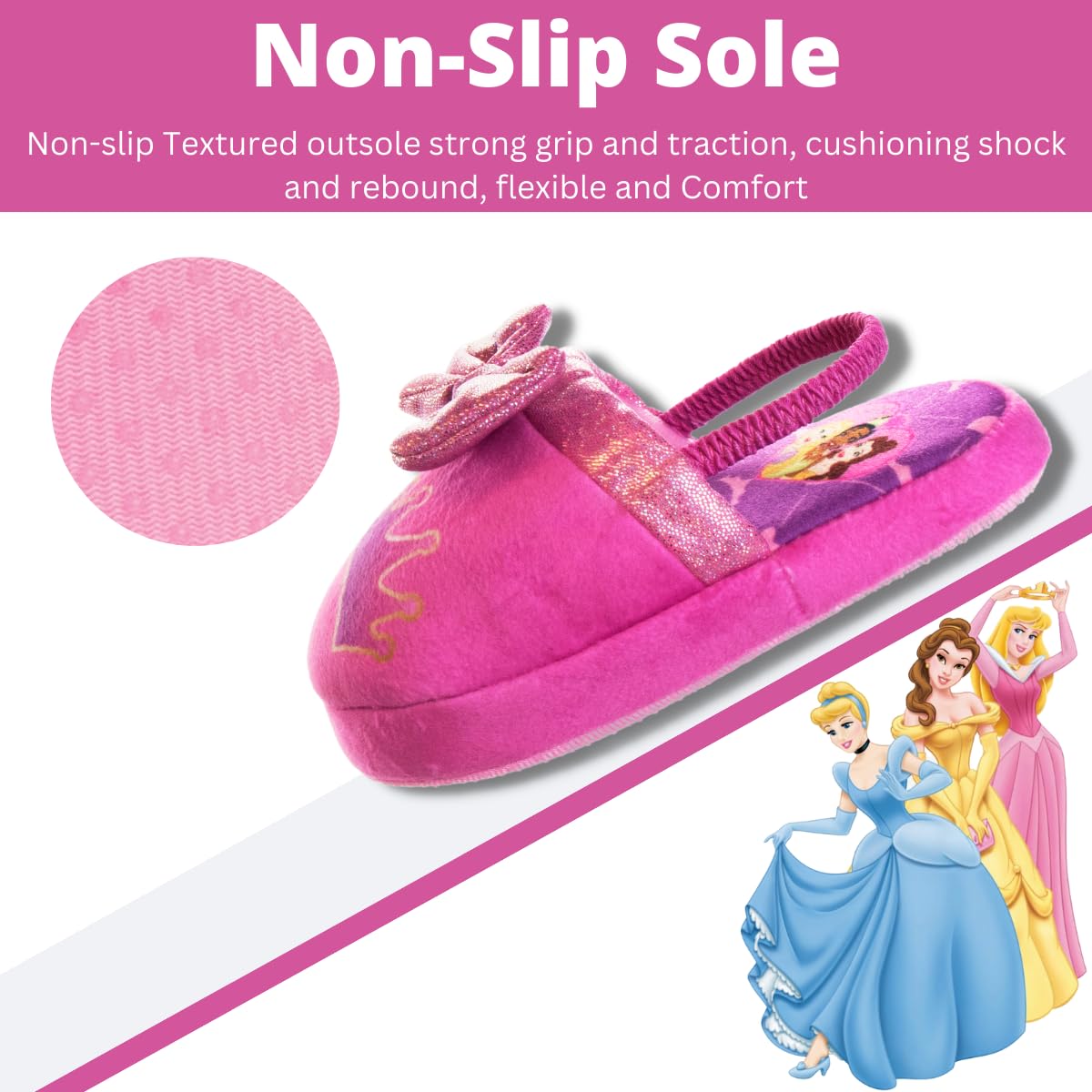 Disney Princess Slippers Cinderella Jasmine Ariel Rapunzel Tianna Belle - Plush Lightweight Warm Comfort Soft Aline Girls toddler House Slipper - Pink Bow (Toddler - Little Kid)