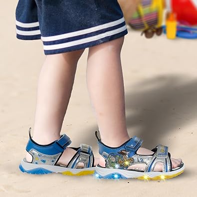 Toy Story Sandals LED Light Up Adjustable Strap Open Toe - Kids Boys Sheriff Woody and Buzz Lightyear Slides Water Shoes (Toddler-Little Kid)