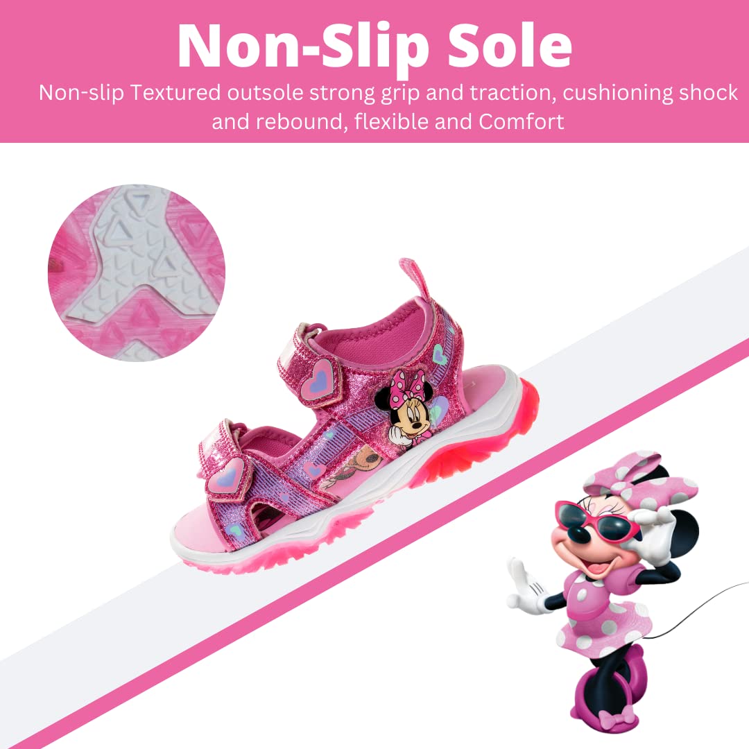 Sandalias de Minnie Mouse para niñas de Disney, zapatos para el agua con luces LED, puntera abierta, sin cordones, impermeables, con correa ajustable, con personajes, color rosa brillante (para bebés y niños pequeños)