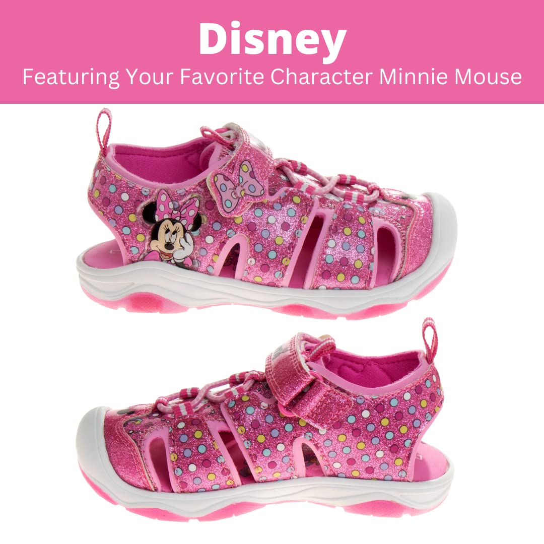 Disney Girls Minnie Mouse Sandals LED Light Up Water Shoes - Closed Toe SlipOn Waterproof Adjustable Strap Character Slides - Pink Glitter (Toddler - Little Kid)