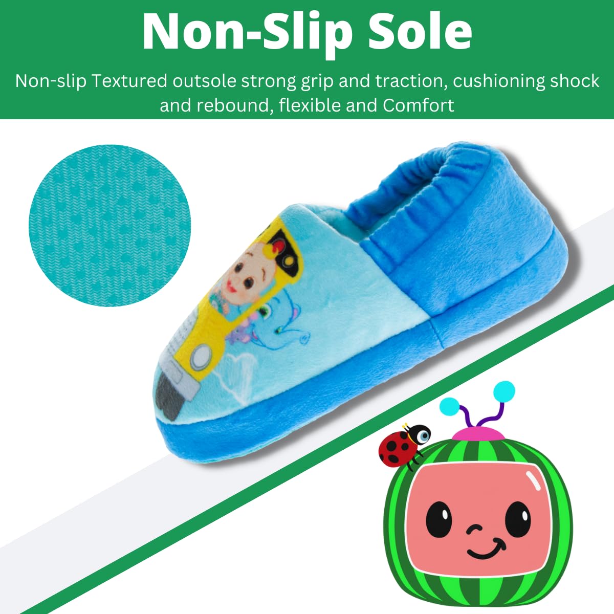 Pantuflas para niños pequeños Josmo Cocomelon: pantuflas para la casa para niños y niñas, cálidas y afelpadas, mocasines, pantuflas, zapatos cocomelon (para niños pequeños/infantes)