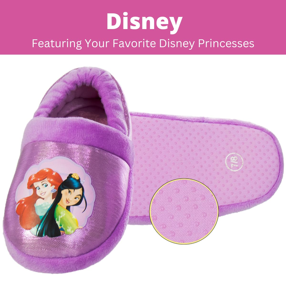 Disney Princess Slippers Cinderella Jasmine Ariel Rapunzel Tianna Belle - Plush Lightweight Warm Comfort Soft Aline Girls toddler House Slipper - Pink Bow (Toddler - Little Kid)