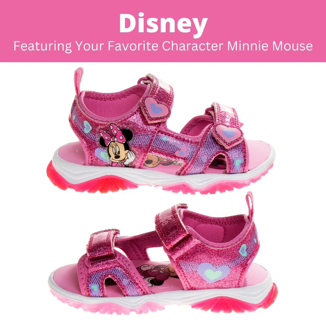 Disney Girls Minnie Mouse Sandals LED Light Up Water Shoes - Open Toe SlipOn Waterproof Adjustable Strap Character Slides - Pink Glitter (Toddler - Little Kid)