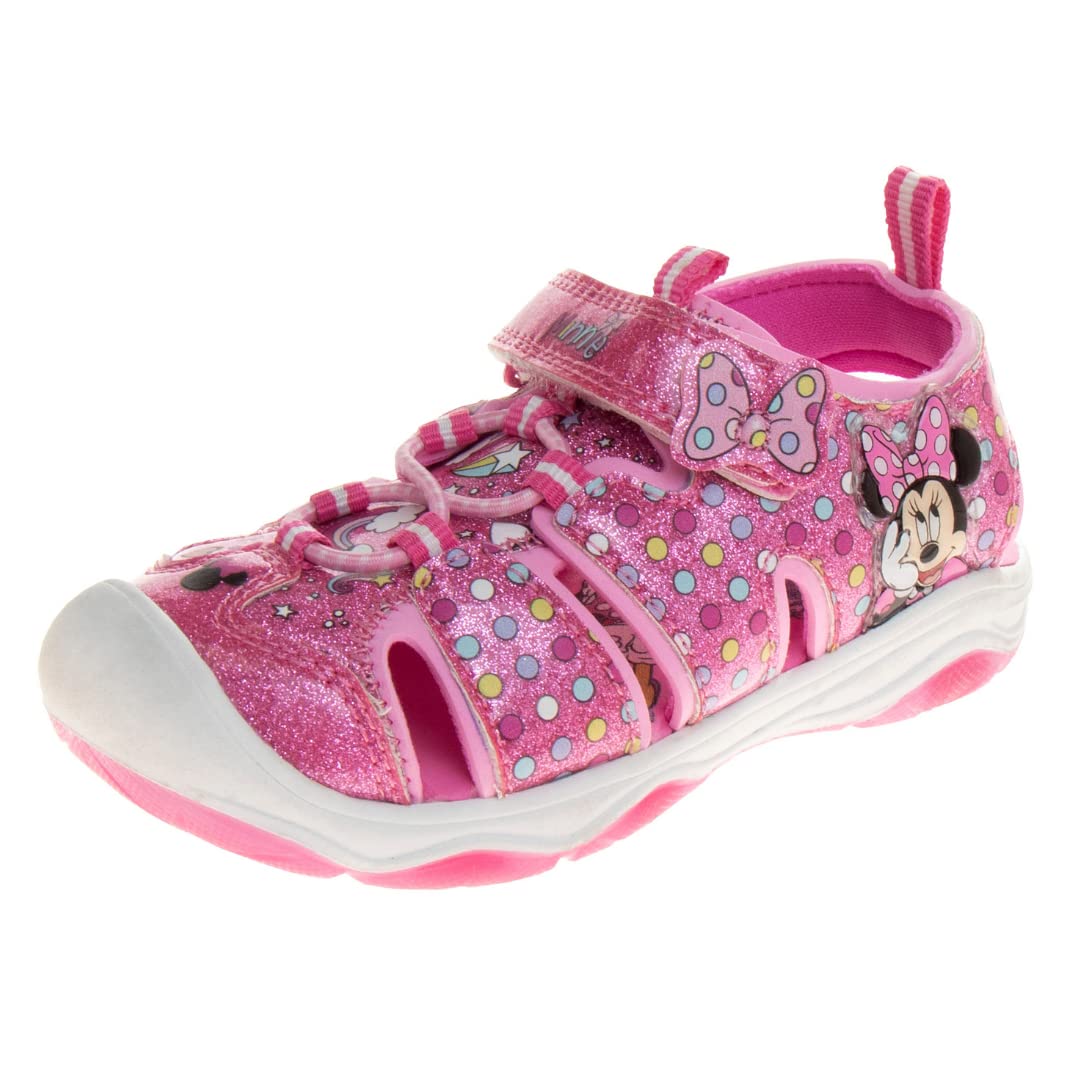 Sandalias de Minnie Mouse de Disney para niñas con luces LED, zapatos para el agua, puntera cerrada, sin cordones, impermeables, correa ajustable, con personajes, color rosa brillante (para bebés y niños pequeños)