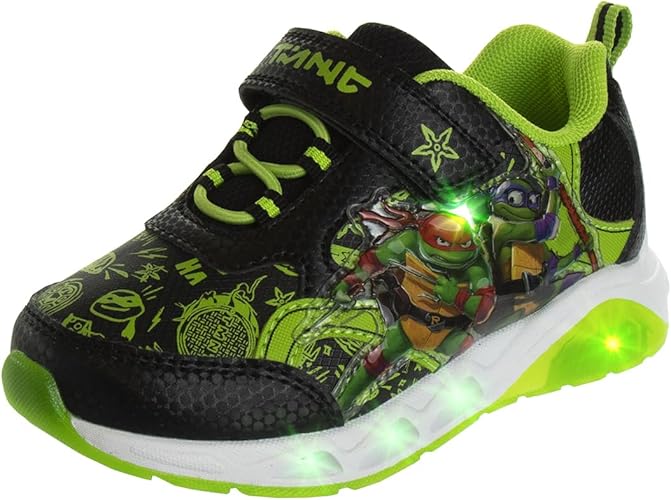 Zapatillas sin cordones con luces LED de las Tortugas Ninja mutantes adolescentes - Zapatillas TMNT de Leonardo, Donatello, Raphael, Michelangelo para niños - Negro y verde (niños pequeños)