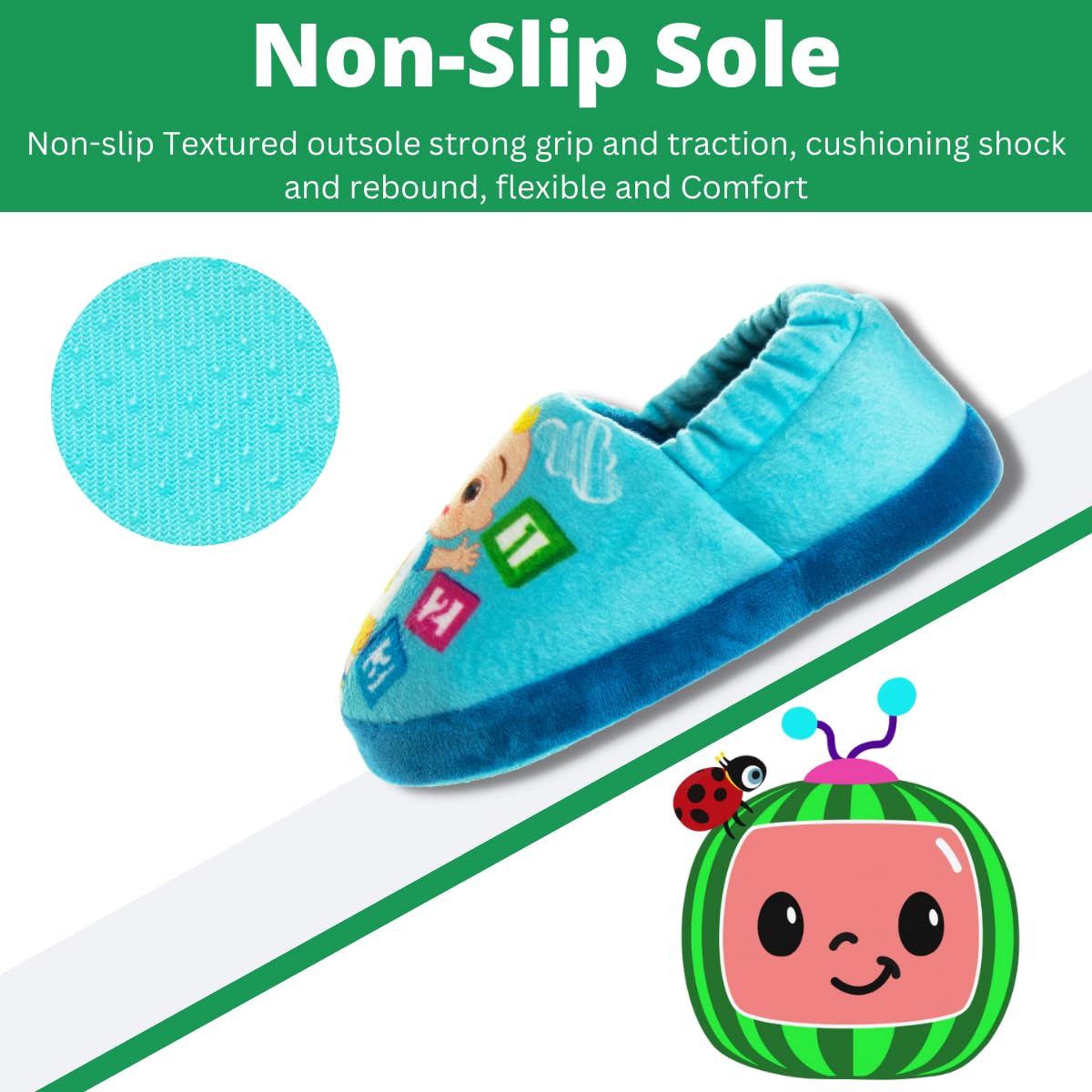 Pantuflas para niños pequeños Josmo Cocomelon: pantuflas para la casa para niños y niñas, cálidas y afelpadas, mocasines, pantuflas, zapatos cocomelon (para niños pequeños/infantes)