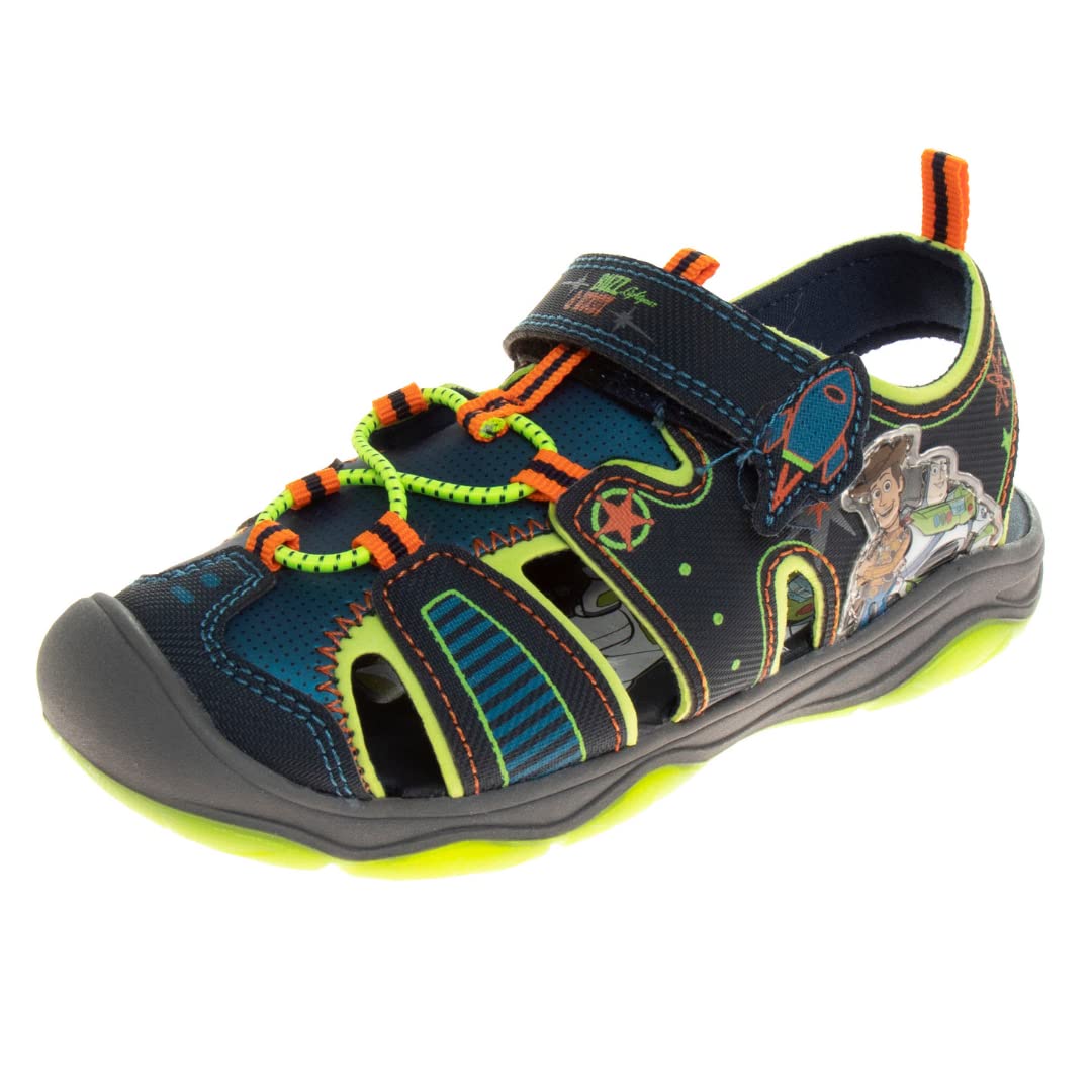 Sandalias de Disney Pixar Toy Story con luz LED y punta cerrada con correa ajustable - Buzz Lightyear Woody - Zapatos de playa de verano para exteriores para niños - Verde (bebés y niños pequeños)