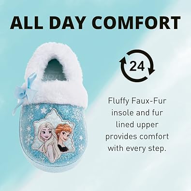 Disney Frozen Slippers Non-Slip Lightweight Comfy - Elsa Anna Fluffy Warm Comfort Soft Aline Plush Girls House Shoes - Ice Blue (Toddler - Little Kid)