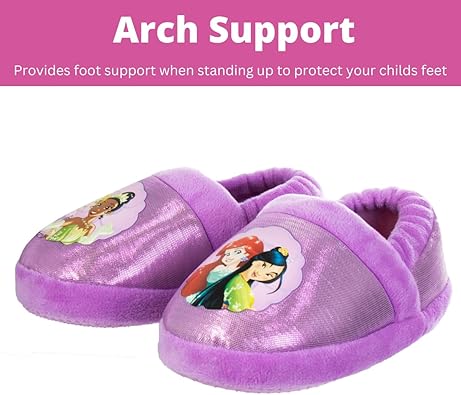 Disney Princess Slippers Cinderella Jasmine Ariel Rapunzel Tianna Belle - Plush Lightweight Warm Comfort Soft Aline Girls toddler House Slipper - Pink Bow (Toddler - Little Kid)