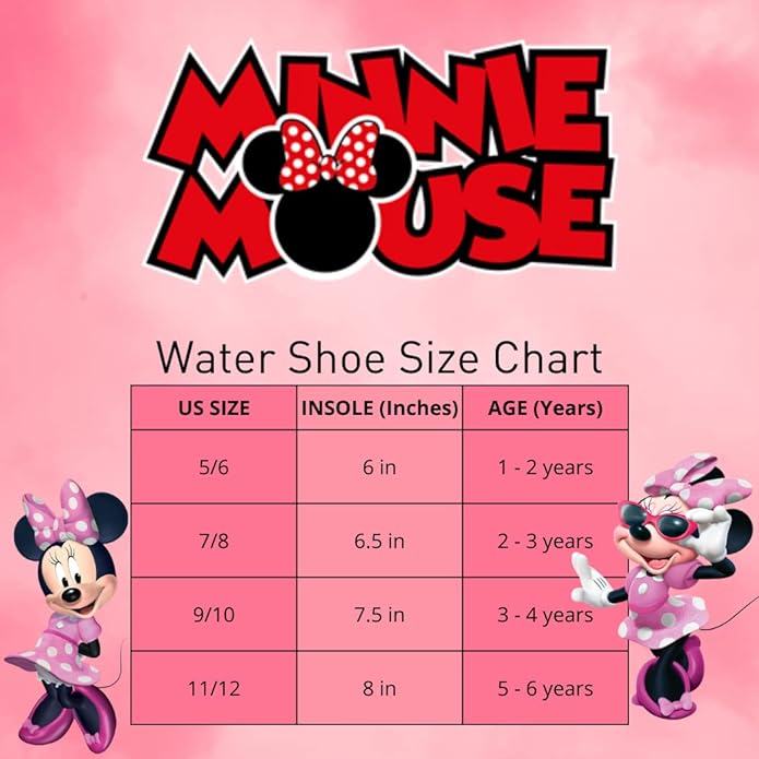 Zapatos acuáticos de Minnie Mouse de Disney - Calcetines acuáticos para piscina para niños - Sandalias de princesa con cordones elásticos impermeables para playa, toboganes deportivos de verano sin cordones de secado rápido (para niños pequeños/bebés)