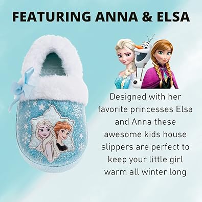 Disney Frozen Slippers Non-Slip Lightweight Comfy - Elsa Anna Fluffy Warm Comfort Soft Aline Plush Girls House Shoes - Ice Blue (Toddler - Little Kid)