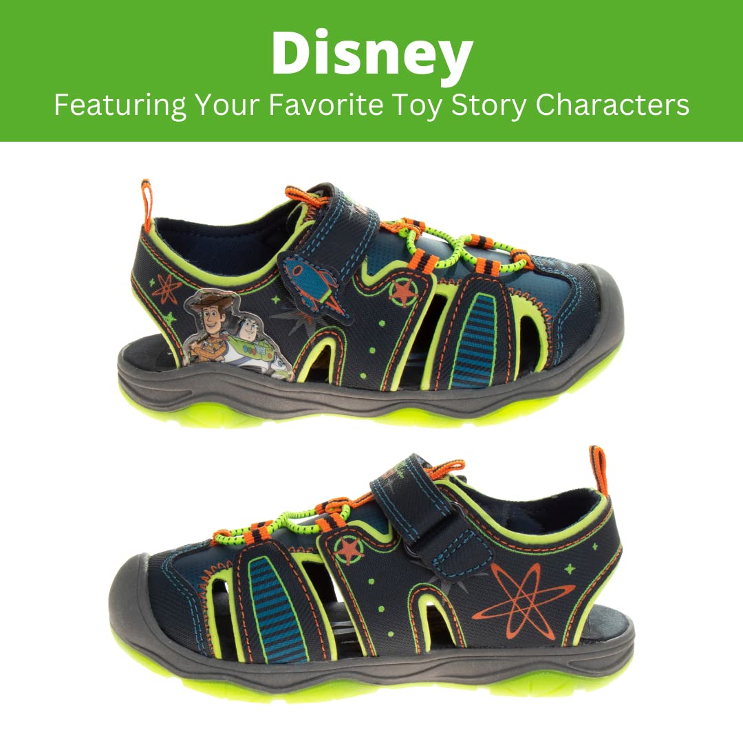 Disney Pixar Toy Story Sandals LED LightUp Closed Toe Adjustable Strap - Buzz Lightyear Woody Summer Beach Outdoor Water Shoes for Kids Boys - Green (Toddler - Little Kid)