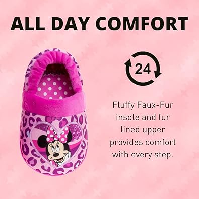 Pantuflas de Minnie Mouse para niñas de Josmo Kids, pantuflas cálidas de felpa para interiores, color fucsia y morado (para bebés y niños pequeños)