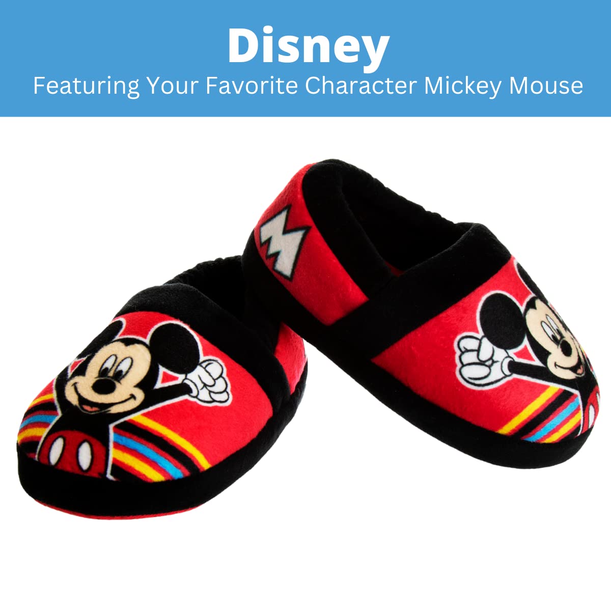 Disney Mickey Mouse Boys Slippers - Plush Lightweight Warm Comfort Soft Aline House Kids Shoes Slippers, (Toddler - Little Kid)