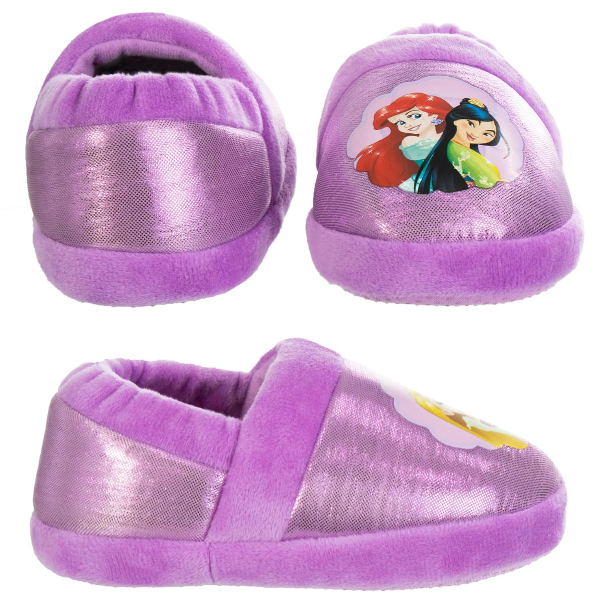 Disney Princess Slippers Cinderella Jasmine Ariel Rapunzel Tianna Belle - Plush Lightweight Warm Comfort Soft Aline Girls toddler House Slipper - Pink Bow (Toddler - Little Kid)