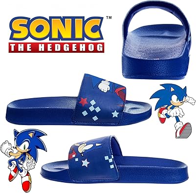 Josmo Sonic the Hedgehog Slides - kids boys Summer water pool shoes Beach Open Toe Outdoor Slip-on Character Sandals (sizes 11-5 Little Kid/Big Kid)