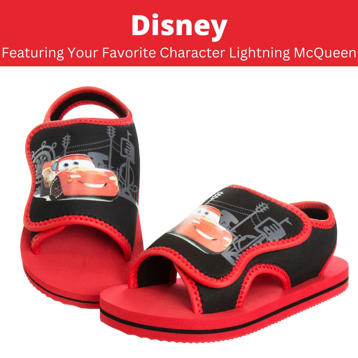 Josmo Cars Sandals Open Toe Adjustable Straps Waterproof Slides - Lightning McQueen Character Slip On Water Shoes - Black Red (Toddler - Little Kid)