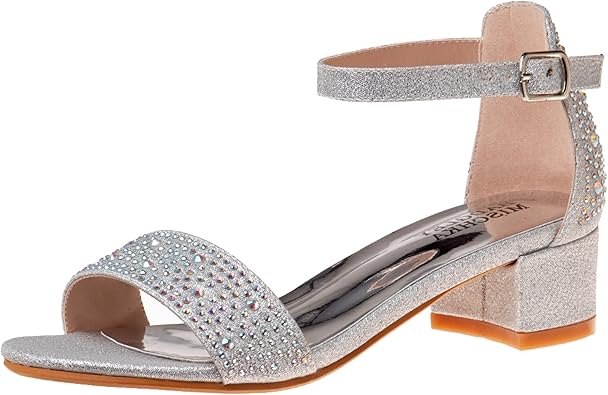 Zapatos de vestir para niñas de Badgley Mischka: sandalias de vestir con tiras en el tobillo y tacón de aguja con diamantes de imitación color arena para niñas, color negro (11 para niños pequeños)