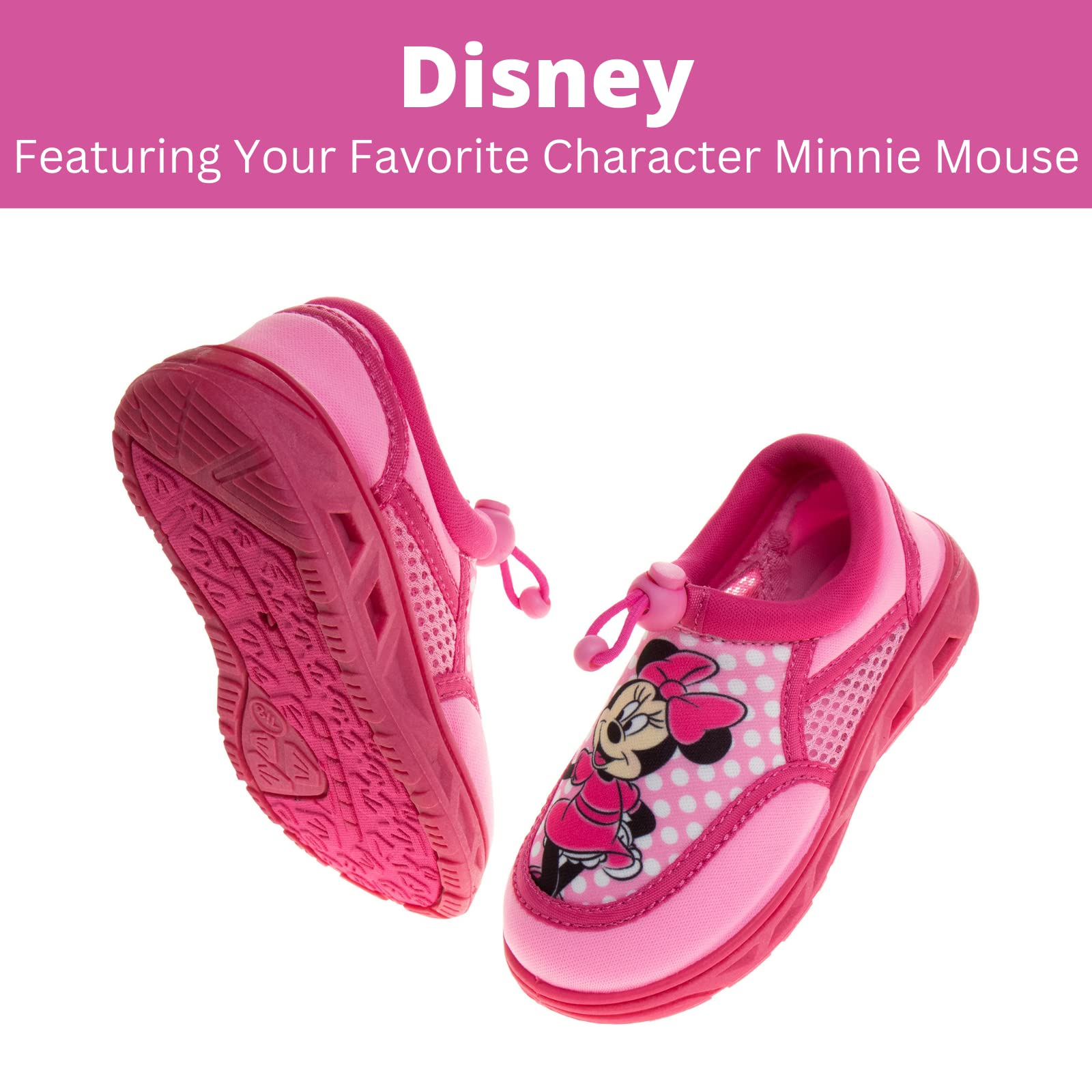 Zapatos acuáticos de Minnie Mouse de Disney - Calcetines acuáticos para piscina para niños - Sandalias de princesa con cordones elásticos impermeables para playa, toboganes deportivos de verano sin cordones de secado rápido (para niños pequeños/bebés)