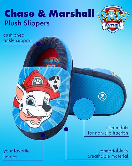 Pantuflas de Paw Patrol de Nickelodeon - Zapatillas de casa para niños Chase y Marshall - Pantuflas de casa suaves, cálidas y afelpadas para interiores - Orejas 3D azules (para niños pequeños)