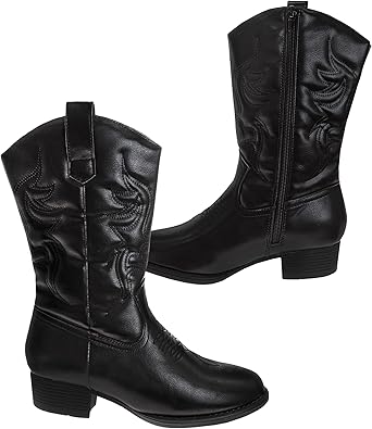 Botas vaqueras de estilo western para mujer de Josmo: botas vaqueras de estilo western hasta la pantorrilla para mujer, color negro (talla 6 para adultos)