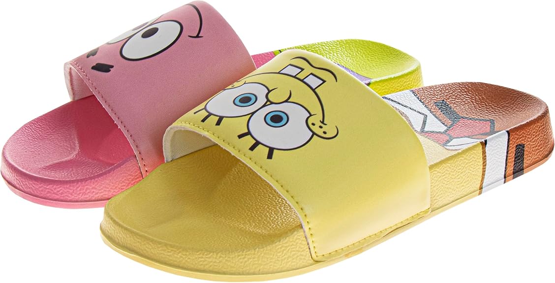 Josmo Spongebob Slide Open Toe Kids - Sponge Bob and Patrick Star Sandals SlipOn Slides for Boys and Girls Size little kid - big kid