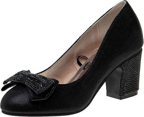 Zapatos de tacón de punta cerrada con lazo de Badgley Mischka: zapatos de vestir de tacón de moda con diamantes de imitación para niñas, color negro (talla 12 para niñas pequeñas)