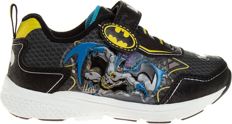 Josmo Boys Batman and The Flash Shoes - Zapatillas para niños pequeños con personajes de superhéroes, cómics, sin cordones, ligeras, transpirables, para correr, tenis con luz (talla para niños pequeños)