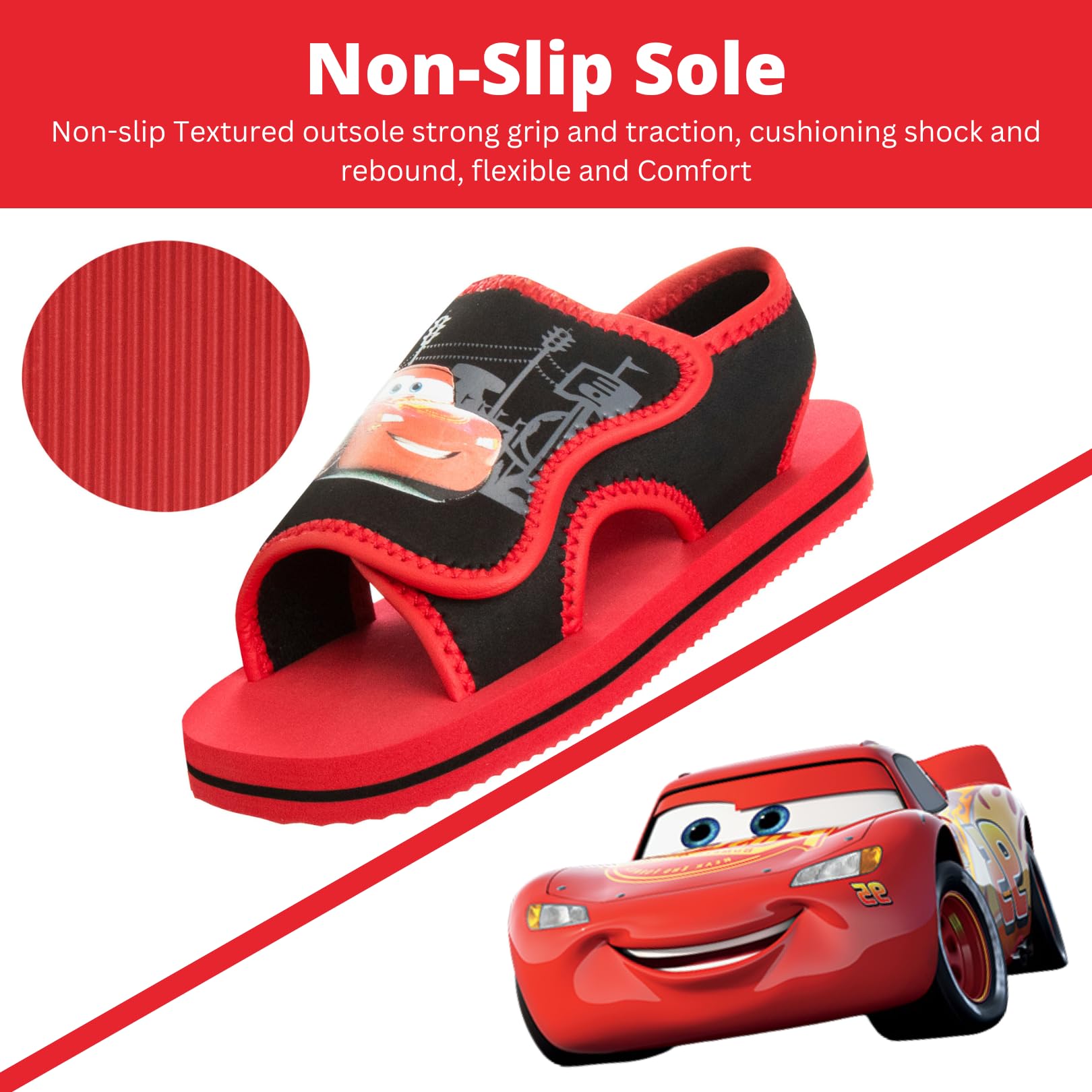 Josmo Cars Sandals Open Toe Adjustable Straps Waterproof Slides - Lightning McQueen Character Slip On Water Shoes - Black Red (Toddler - Little Kid)