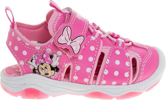 Disney Girls Minnie Mouse Sandals LED Light Up Water Shoes - Closed Toe SlipOn Waterproof Adjustable Strap Character Slides - Pink Glitter (Toddler - Little Kid)