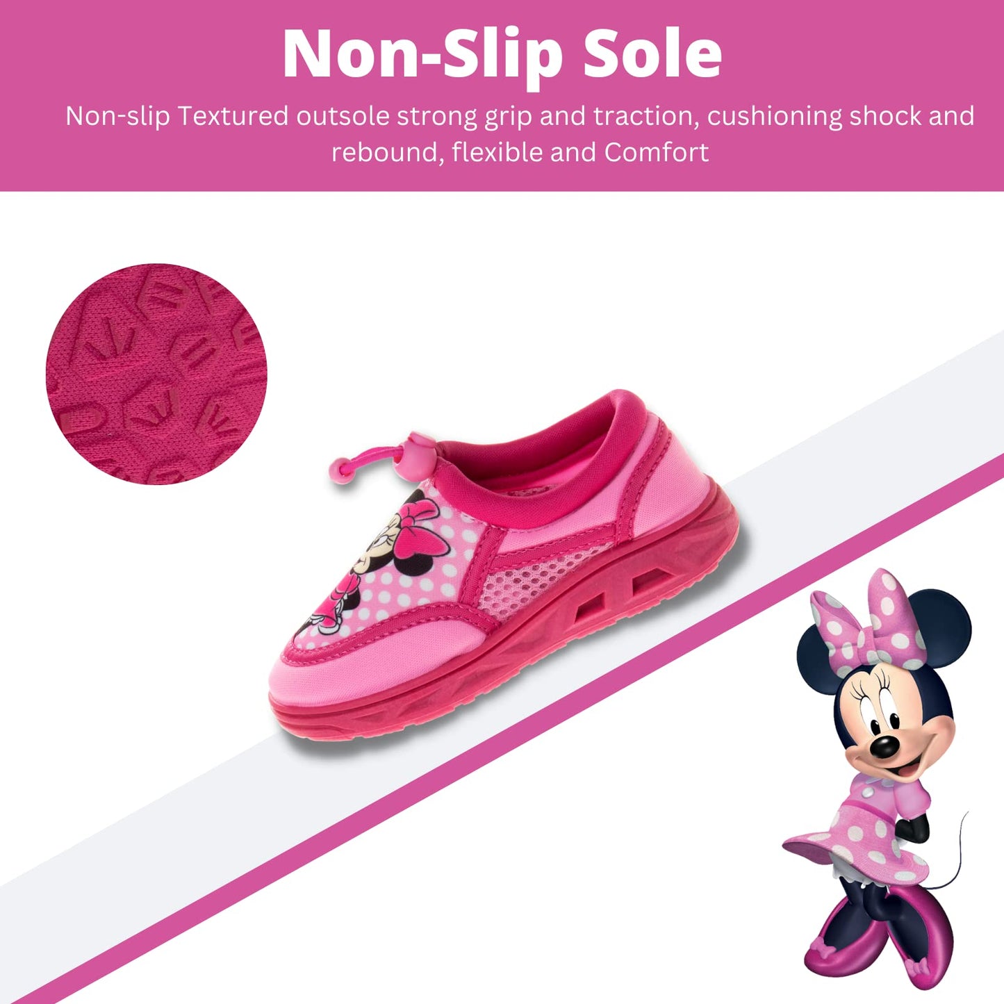 Zapatos acuáticos de Minnie Mouse de Disney - Calcetines acuáticos para piscina para niños - Sandalias de princesa con cordones elásticos impermeables para playa, toboganes deportivos de verano sin cordones de secado rápido (para niños pequeños/bebés)