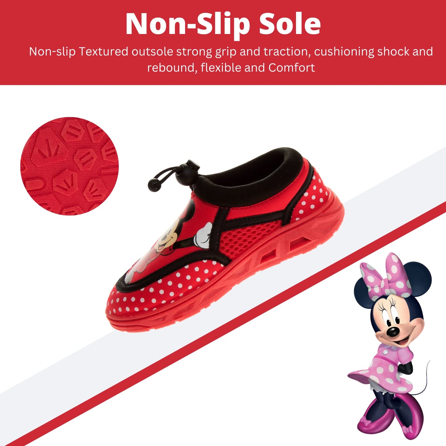 Zapatos acuáticos de Minnie Mouse de Disney - Calcetines acuáticos para piscina para niños - Sandalias de princesa con cordones elásticos impermeables para playa, toboganes deportivos de verano sin cordones de secado rápido (para niños pequeños/bebés)