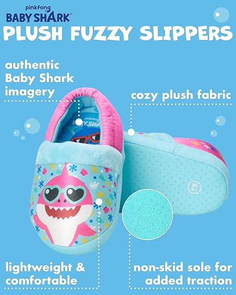 Nickelodeon Toddler Boys' and Girls’ Baby Shark Slippers - Plush Fuzzy Slippers, Non-Skid Sole (Toddler/Kid)