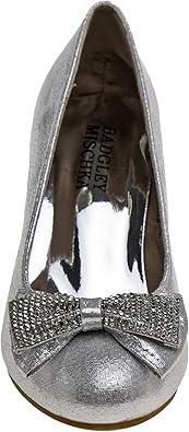 Zapatos de tacón de punta cerrada con lazo de Badgley Mischka: zapatos de vestir de tacón de moda con diamantes de imitación para niñas, color negro (talla 12 para niñas pequeñas)