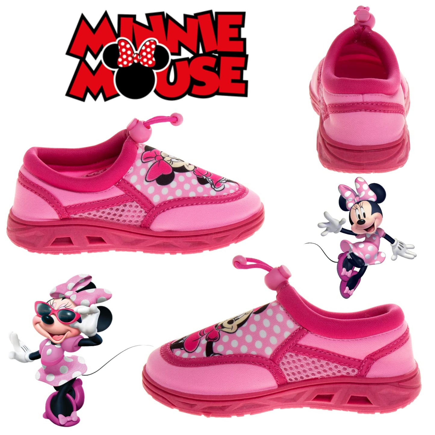 Zapatos acuáticos de Minnie Mouse de Disney - Calcetines acuáticos para piscina para niños - Sandalias de princesa con cordones elásticos impermeables para playa, toboganes deportivos de verano sin cordones de secado rápido (para niños pequeños/bebés)