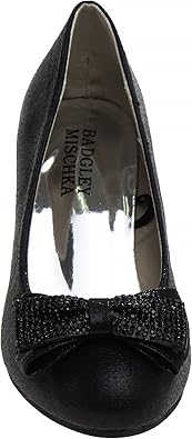 Zapatos de tacón de punta cerrada con lazo de Badgley Mischka: zapatos de vestir de tacón de moda con diamantes de imitación para niñas, color negro (talla 12 para niñas pequeñas)