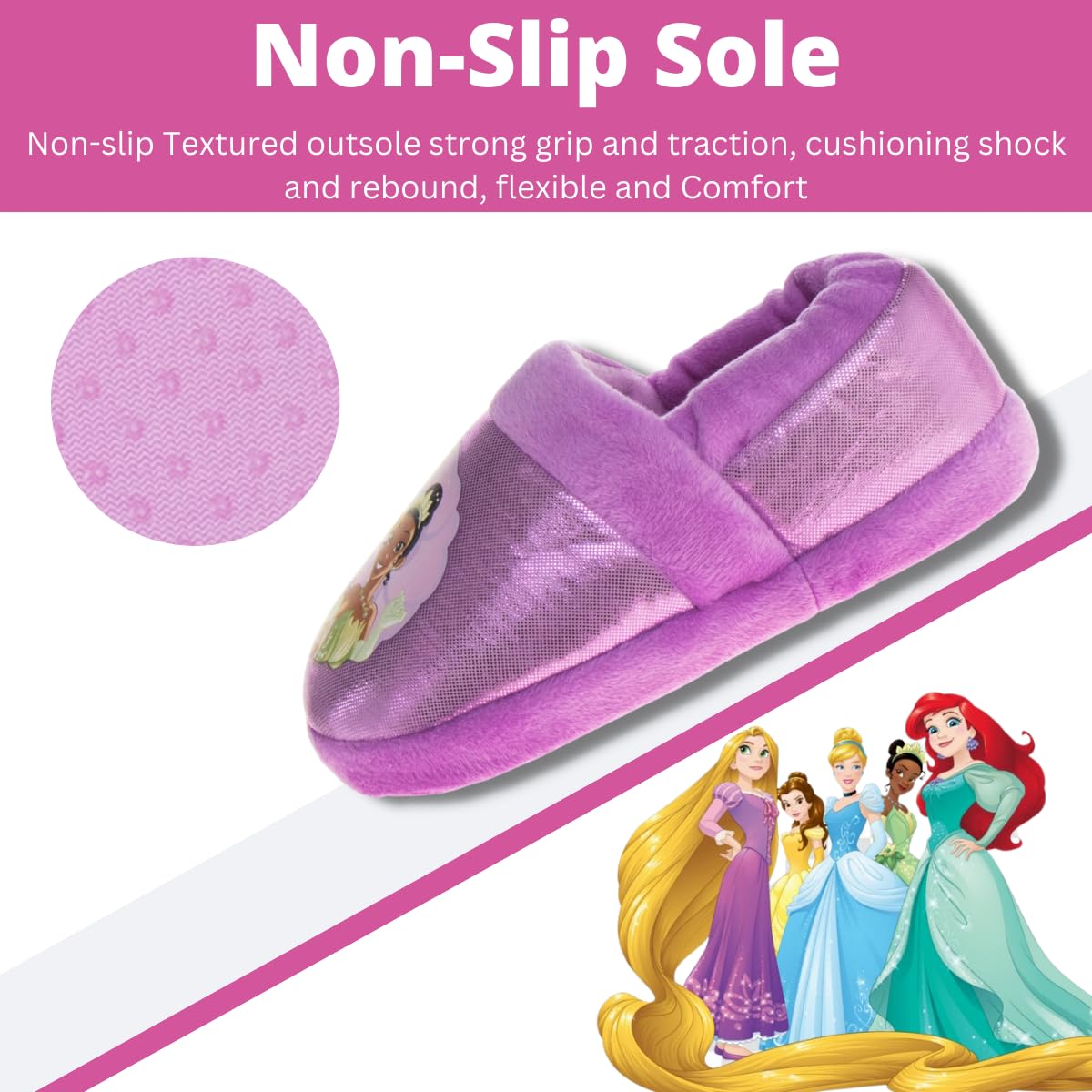 Disney Princess Slippers Cinderella Jasmine Ariel Rapunzel Tianna Belle - Plush Lightweight Warm Comfort Soft Aline Girls toddler House Slipper - Pink Bow (Toddler - Little Kid)