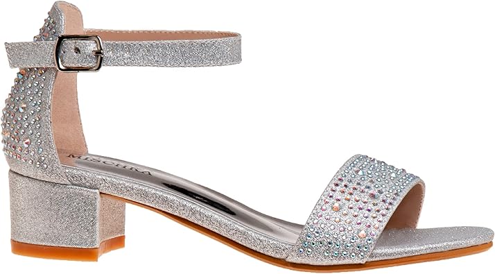 Zapatos de vestir para niñas de Badgley Mischka: sandalias de vestir con tiras en el tobillo y tacón de aguja con diamantes de imitación color arena para niñas, color negro (11 para niños pequeños)