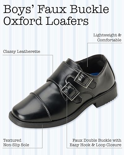 Zapatos de vestir para niño Josmo: mocasines Oxford con puntera con hebilla doble y cierre de velcro (niño pequeño/niño grande), talla 7 para niños pequeños, color negro