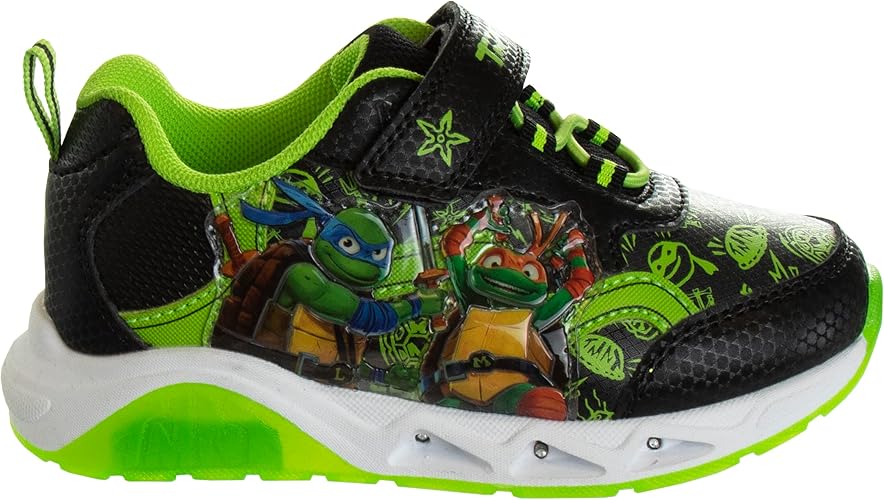 Zapatillas sin cordones con luces LED de las Tortugas Ninja mutantes adolescentes - Zapatillas TMNT de Leonardo, Donatello, Raphael, Michelangelo para niños - Negro y verde (niños pequeños)