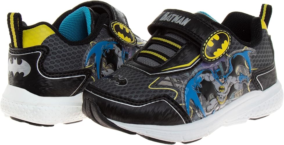 Josmo Boys Batman and The Flash Shoes - Zapatillas para niños pequeños con personajes de superhéroes, cómics, sin cordones, ligeras, transpirables, para correr, tenis con luz (talla para niños pequeños)