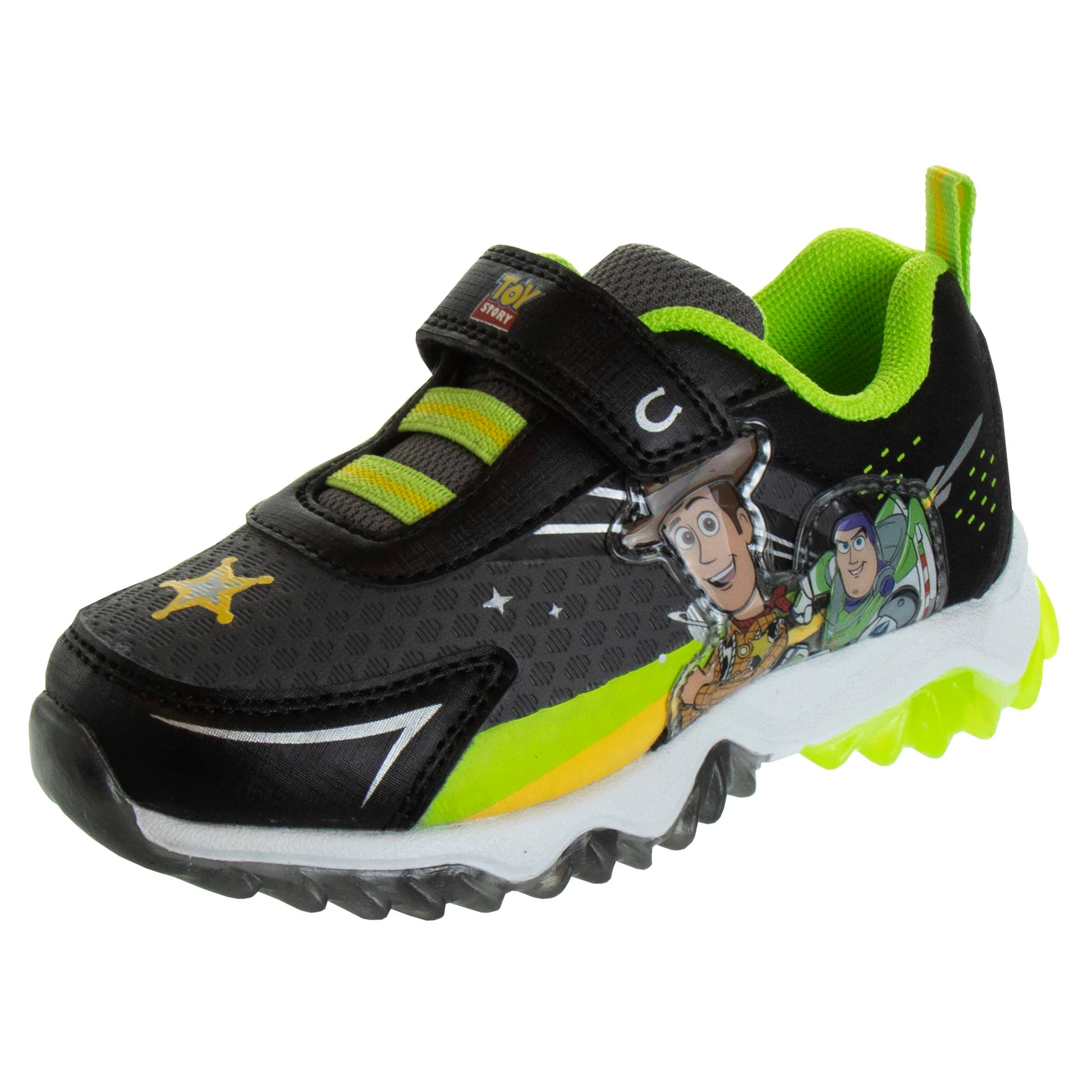 Zapatillas de tenis para niños de Toy Story de Disney Pixar, sin cordones, con luces y personajes de Buzz Lightyear y Woody (para niños pequeños) (negro, amarillo, verde y azul)