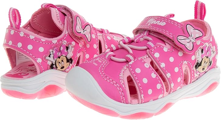 Disney Girls Minnie Mouse Sandals LED Light Up Water Shoes - Closed Toe SlipOn Waterproof Adjustable Strap Character Slides - Pink Glitter (Toddler - Little Kid)