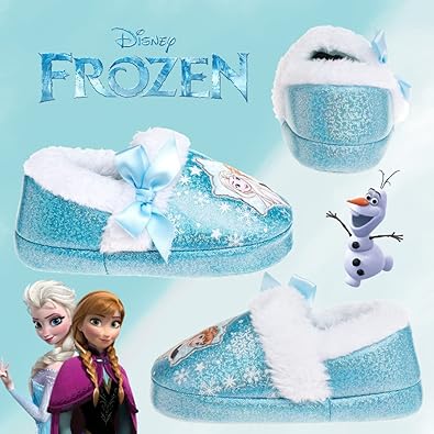 Disney Frozen Slippers Non-Slip Lightweight Comfy - Elsa Anna Fluffy Warm Comfort Soft Aline Plush Girls House Shoes - Ice Blue (Toddler - Little Kid)