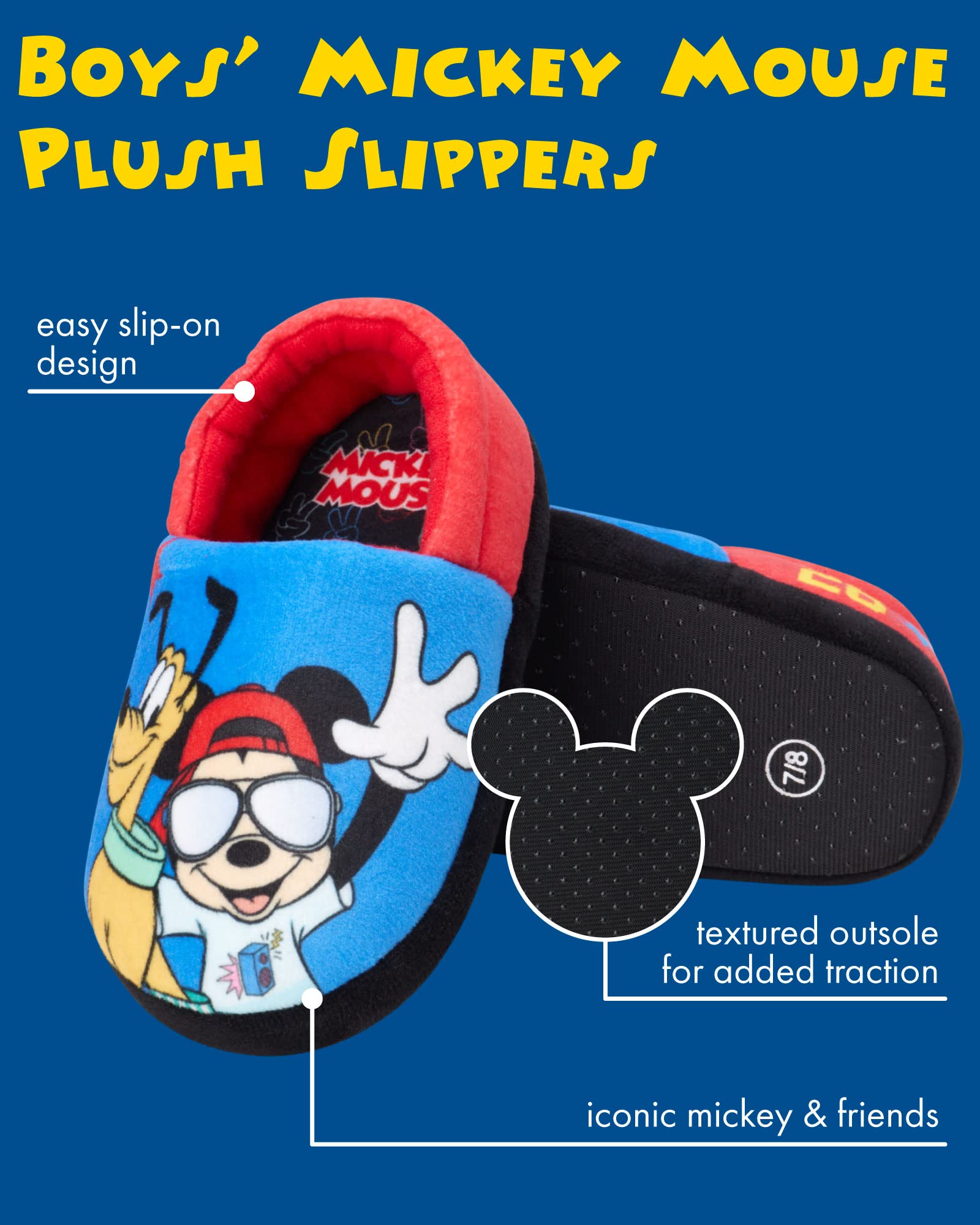 Disney Mickey Mouse Boys Slippers - Plush Lightweight Warm Comfort Soft Aline House Kids Shoes Slippers, (Toddler - Little Kid)