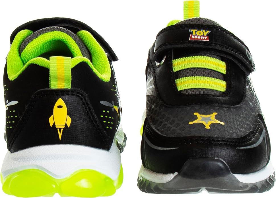 Zapatillas de tenis para niños de Toy Story de Disney Pixar, sin cordones, con luces y personajes de Buzz Lightyear y Woody (para niños pequeños) (negro, amarillo, verde y azul)