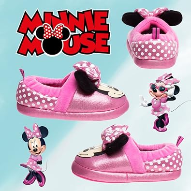 Pantuflas de Minnie Mouse para niñas de Josmo Kids, pantuflas cálidas de felpa para interiores, color fucsia y morado (para bebés y niños pequeños)