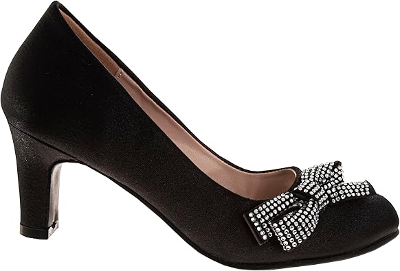 Zapatos de tacón de punta cerrada con lazo de Badgley Mischka: zapatos de vestir de tacón de moda con diamantes de imitación para niñas, color negro (talla 12 para niñas pequeñas)