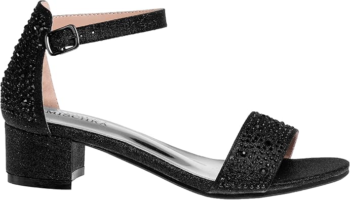 Zapatos de vestir para niñas de Badgley Mischka: sandalias de vestir con tiras en el tobillo y tacón de aguja con diamantes de imitación color arena para niñas, color negro (11 para niños pequeños)